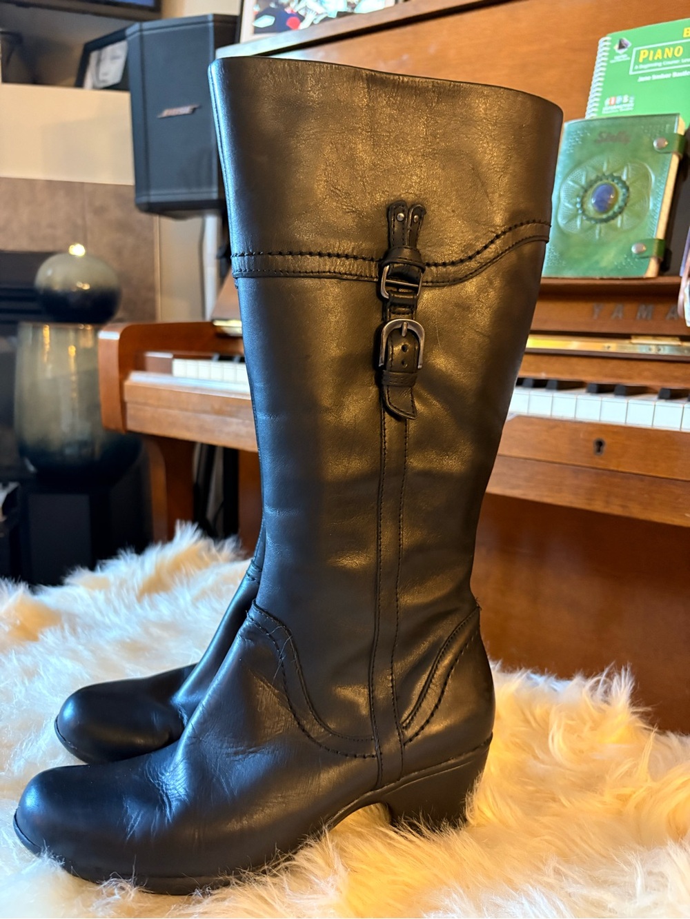 Clarks Black Leather Mid-Calf Buckle Boots